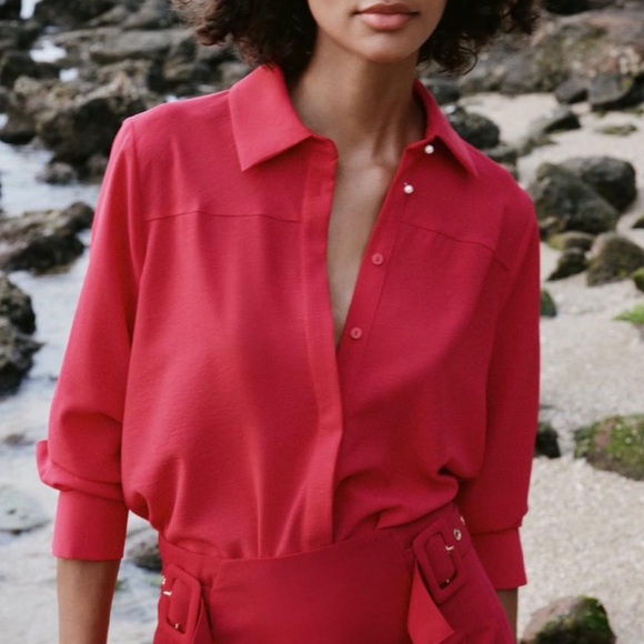 Zara Hot Pink Collared Button Up Long Sleeve Blouse with Pearl Embellishments M - Picture 14 of 14